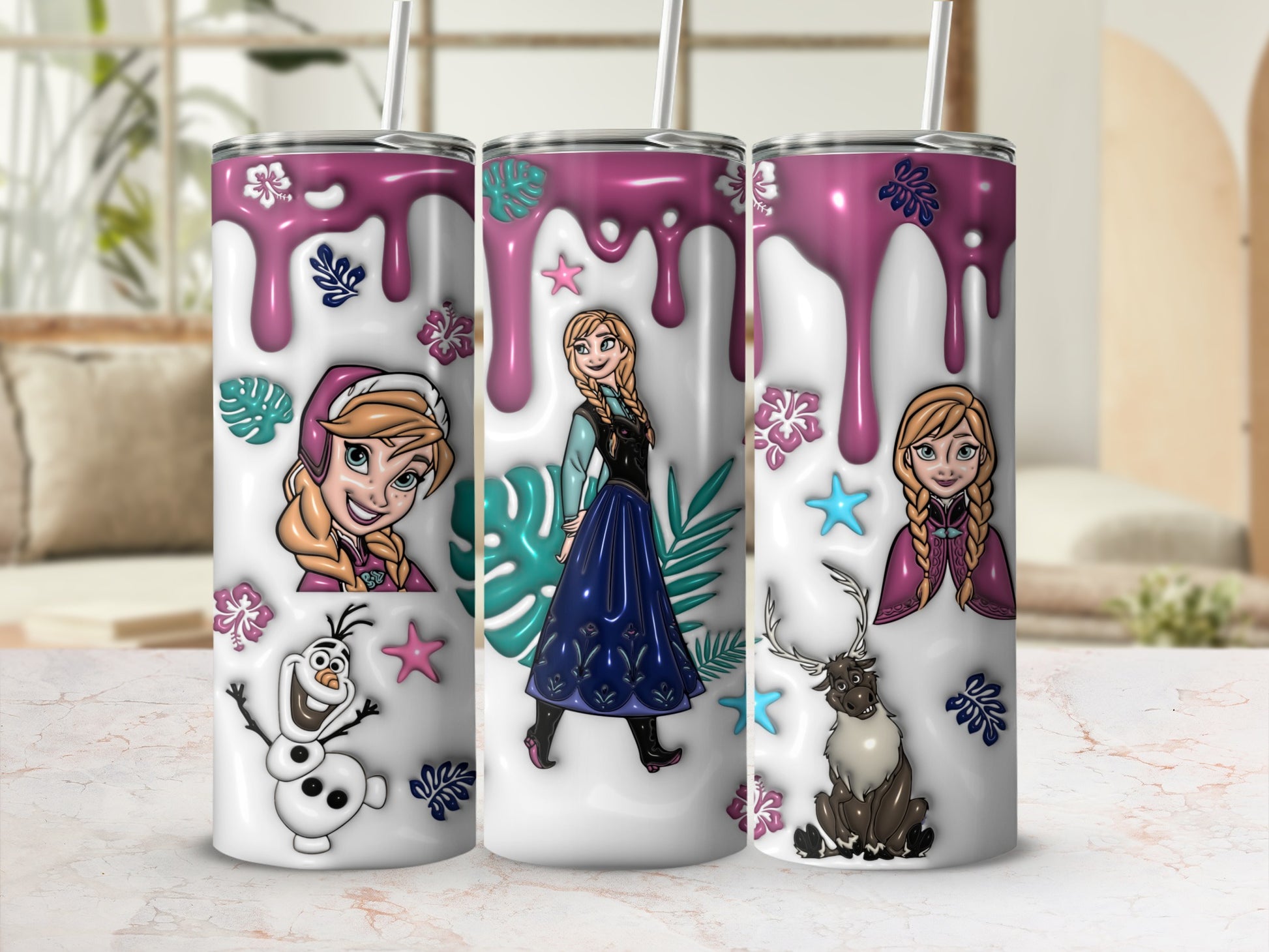 Anna and Elsa from Frozen with Olaf and Sven on a pink and white tumbler.