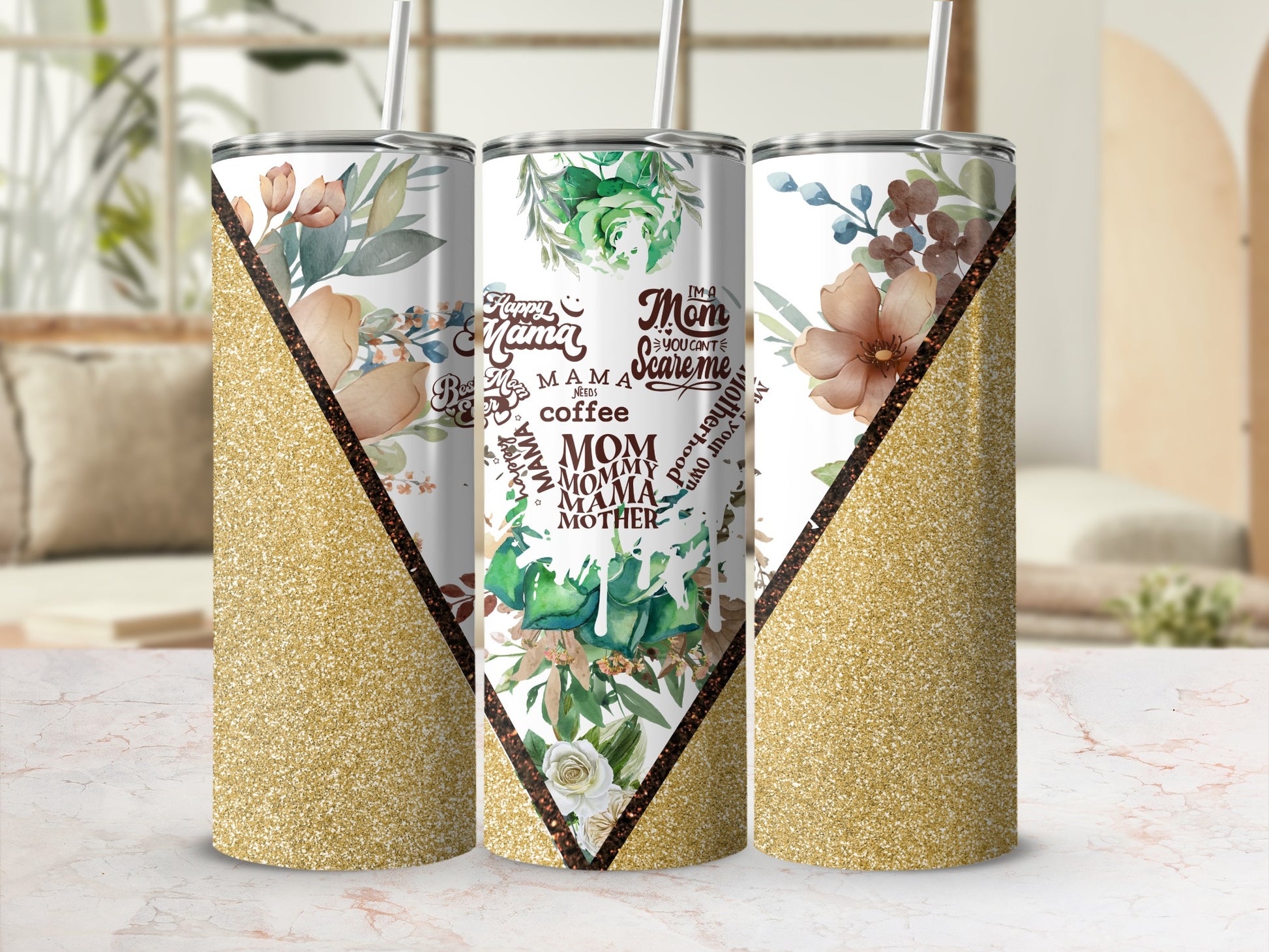 Floral Glitter Design Happy Mama Needs Coffee Tumbler