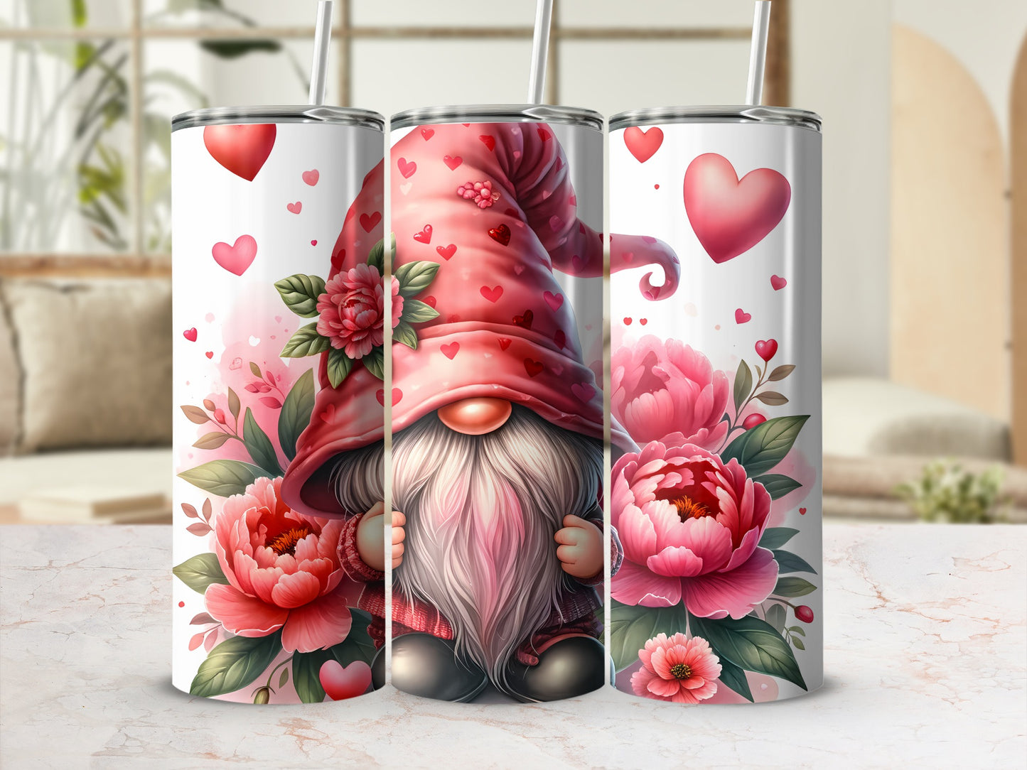 Valentine's gnome with pink peonies and hearts on a tumbler.