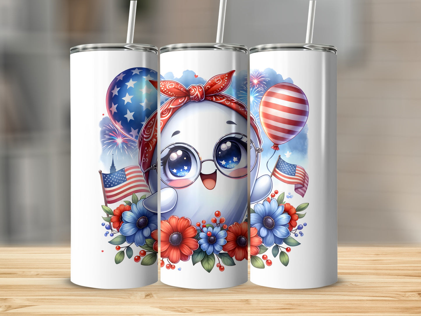 Cute ghost with patriotic decorations, bandana, and flags.