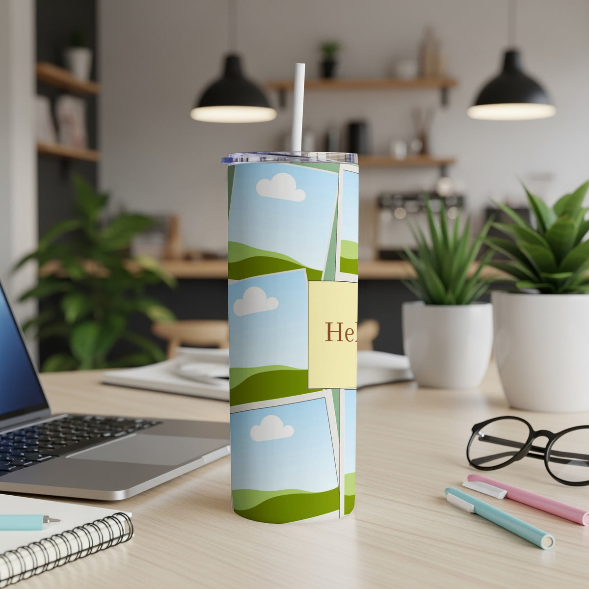 Tall tumbler with a collage of landscape photos and the word "Hello".