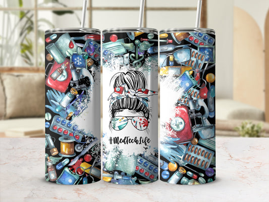 Tumbler with medical icons and #MedTechlife text on a white background.