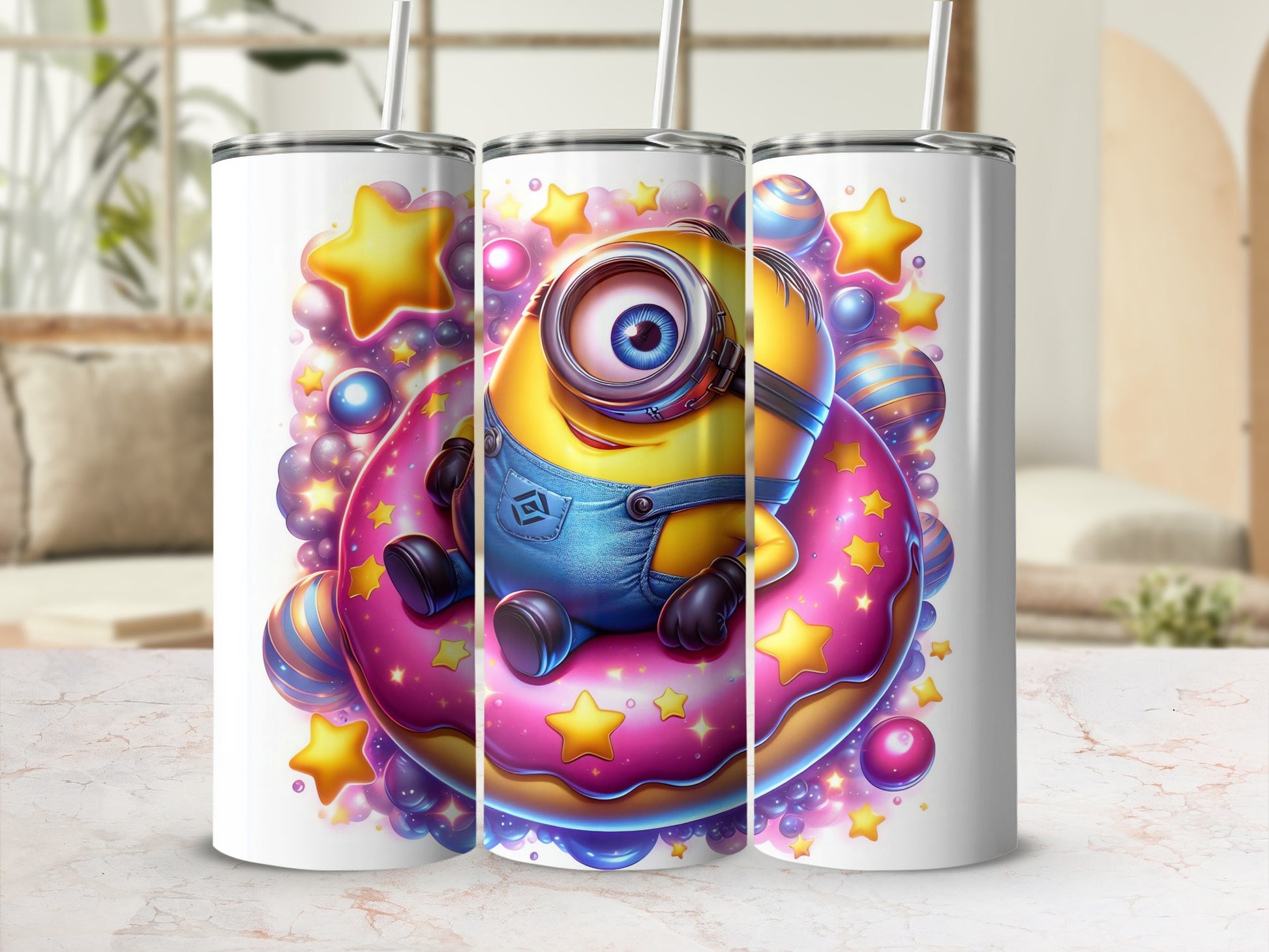Adorable Cartoon Character On Colorful Donut Tumbler