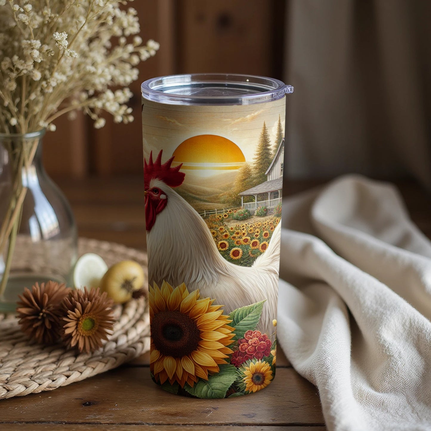 Rustic Rooster Sunflower Farmhouse Decor Tumbler Cup