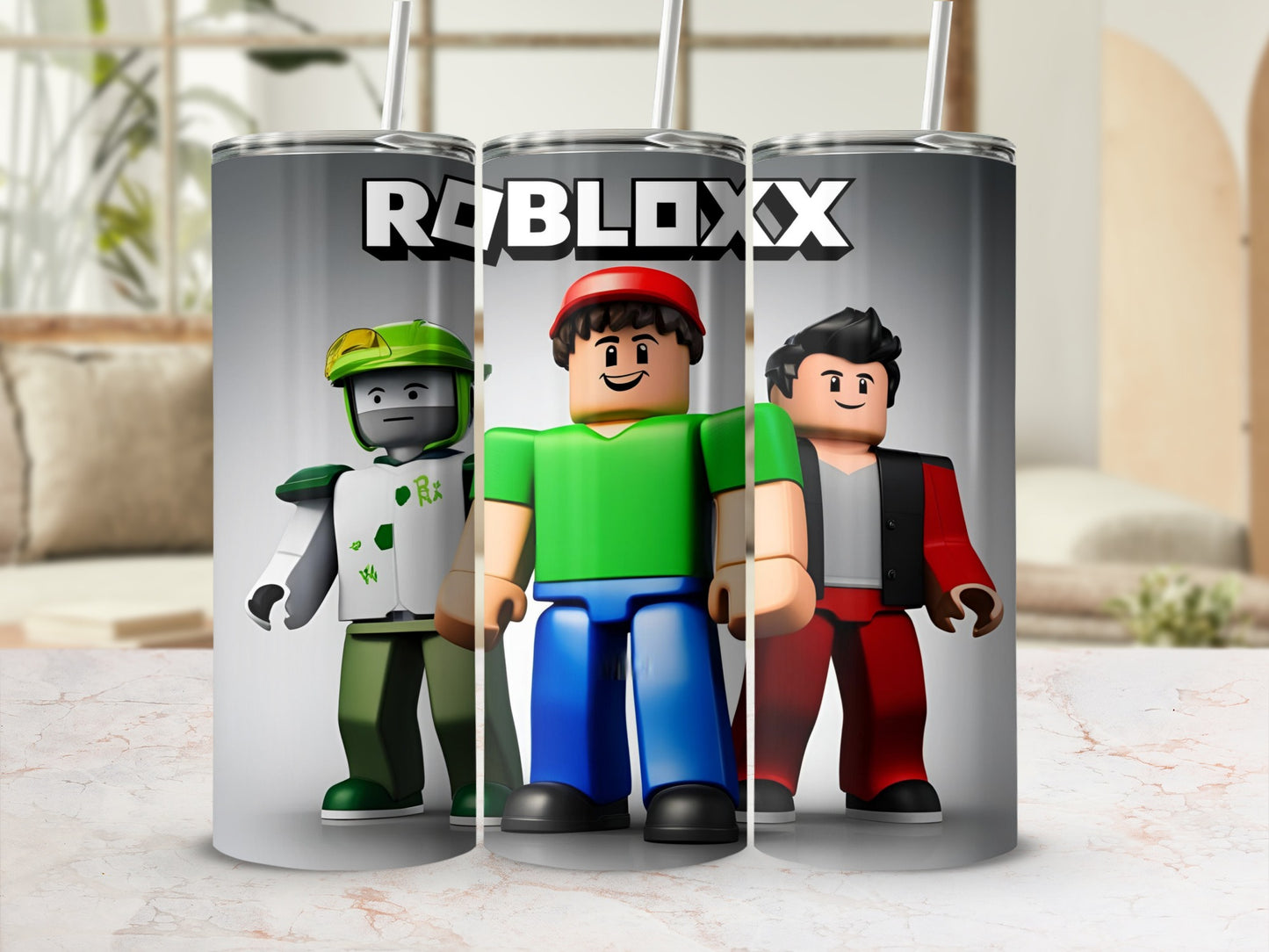 Roblox characters in green, red, and black outfits stand together.