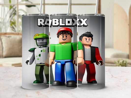 Roblox characters in green, red, and black outfits stand together.