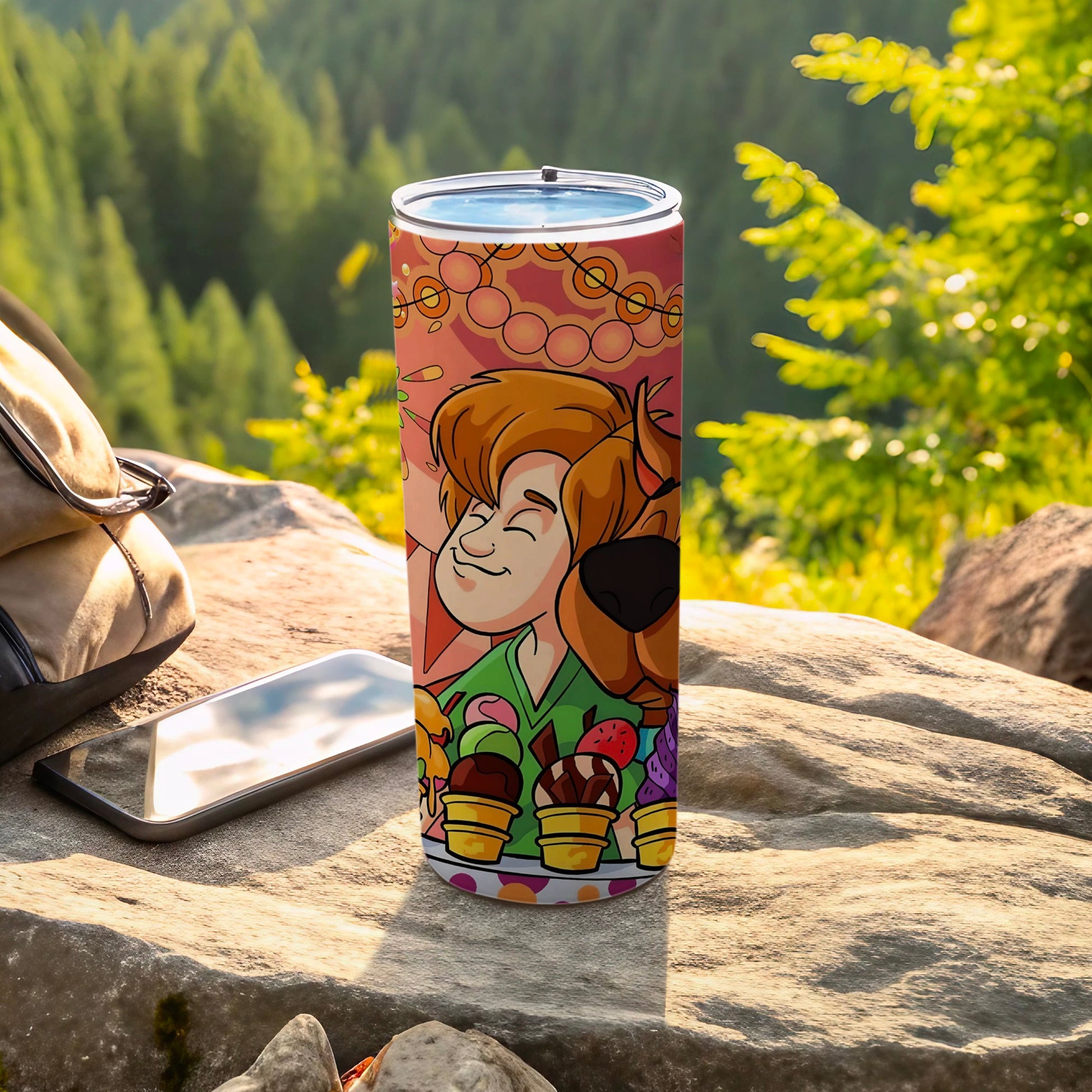 Scooby-Doo and Shaggy with ice cream cones on a travel tumbler.