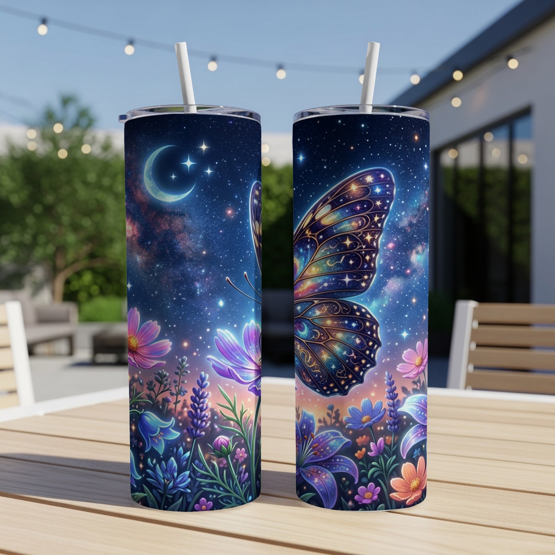 Cosmic butterfly and floral design on two tall tumblers.