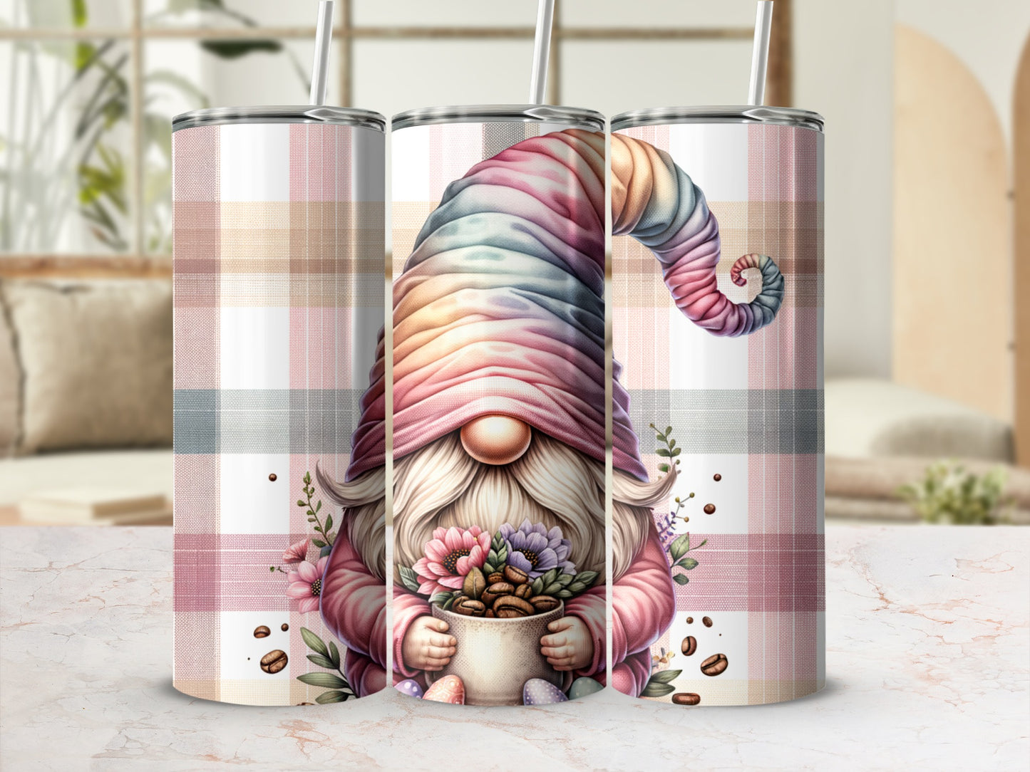 Gnome holding coffee mug with pastel plaid background.