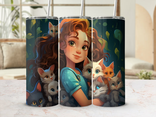 Girl with curly hair holding several cats in a forest setting.