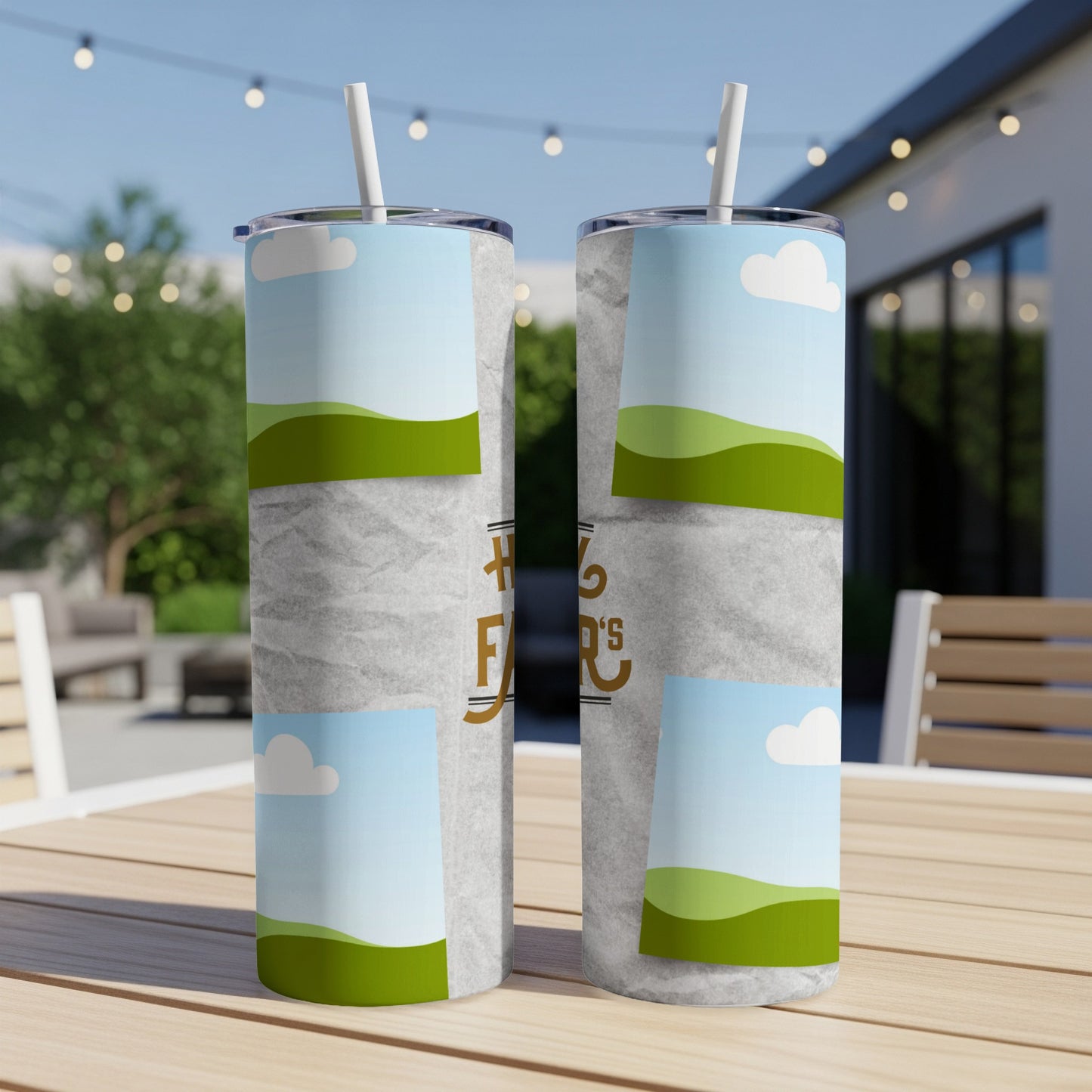 Happy Father's Day tumbler with a neutral landscape design and photo placeholders.