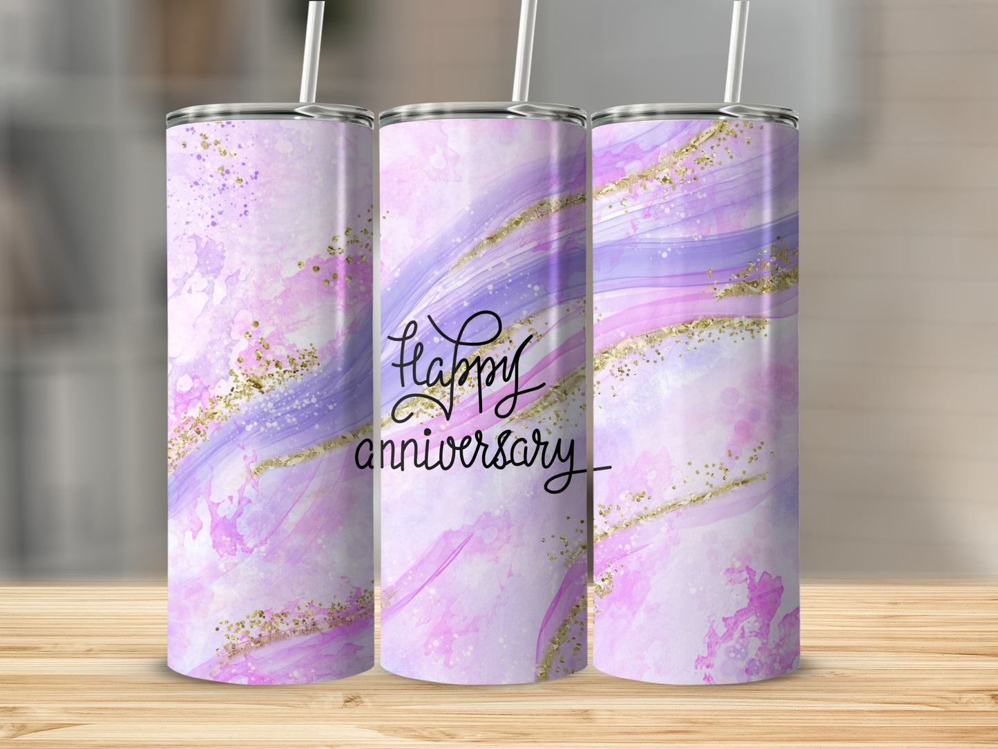 Pink and purple watercolor tumbler with "Happy Anniversary" text and gold glitter.