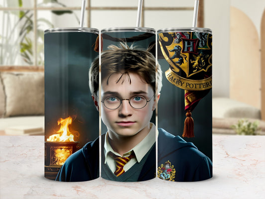 Harry Potter in Hogwarts uniform with Gryffindor crest and fiery background.