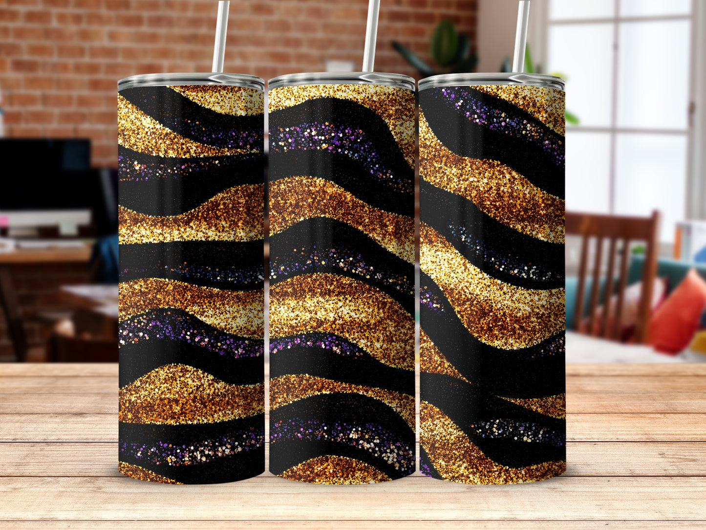 Glittering Black and Gold Striped Drinkware Tumbler