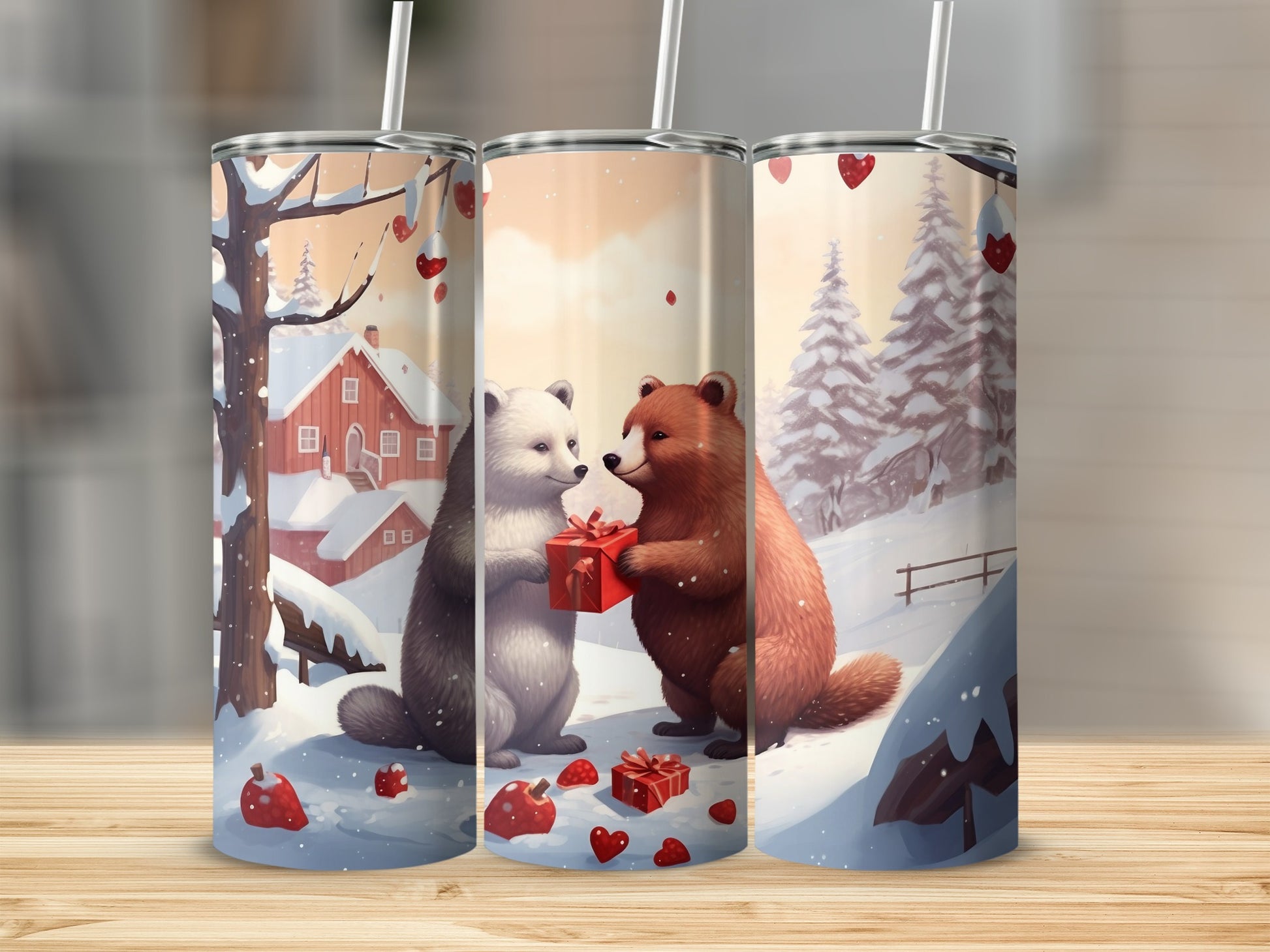 Cute Bears Exchanging Gifts Winter Scene Tumbler
