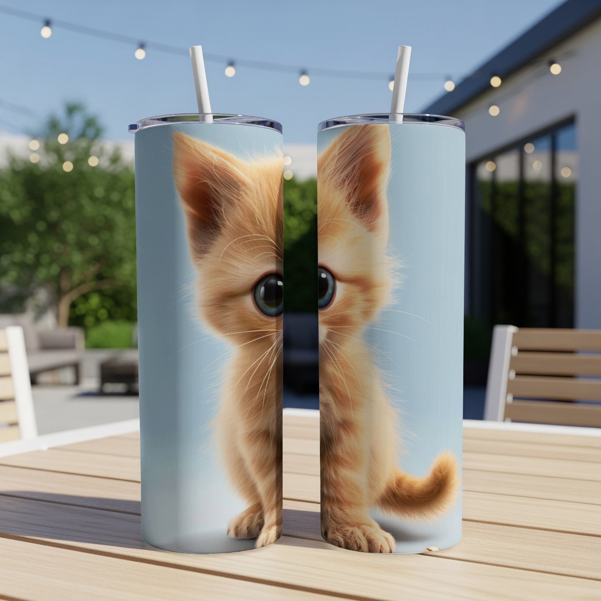 Two tumblers featuring a cute, wide-eyed orange tabby kitten.