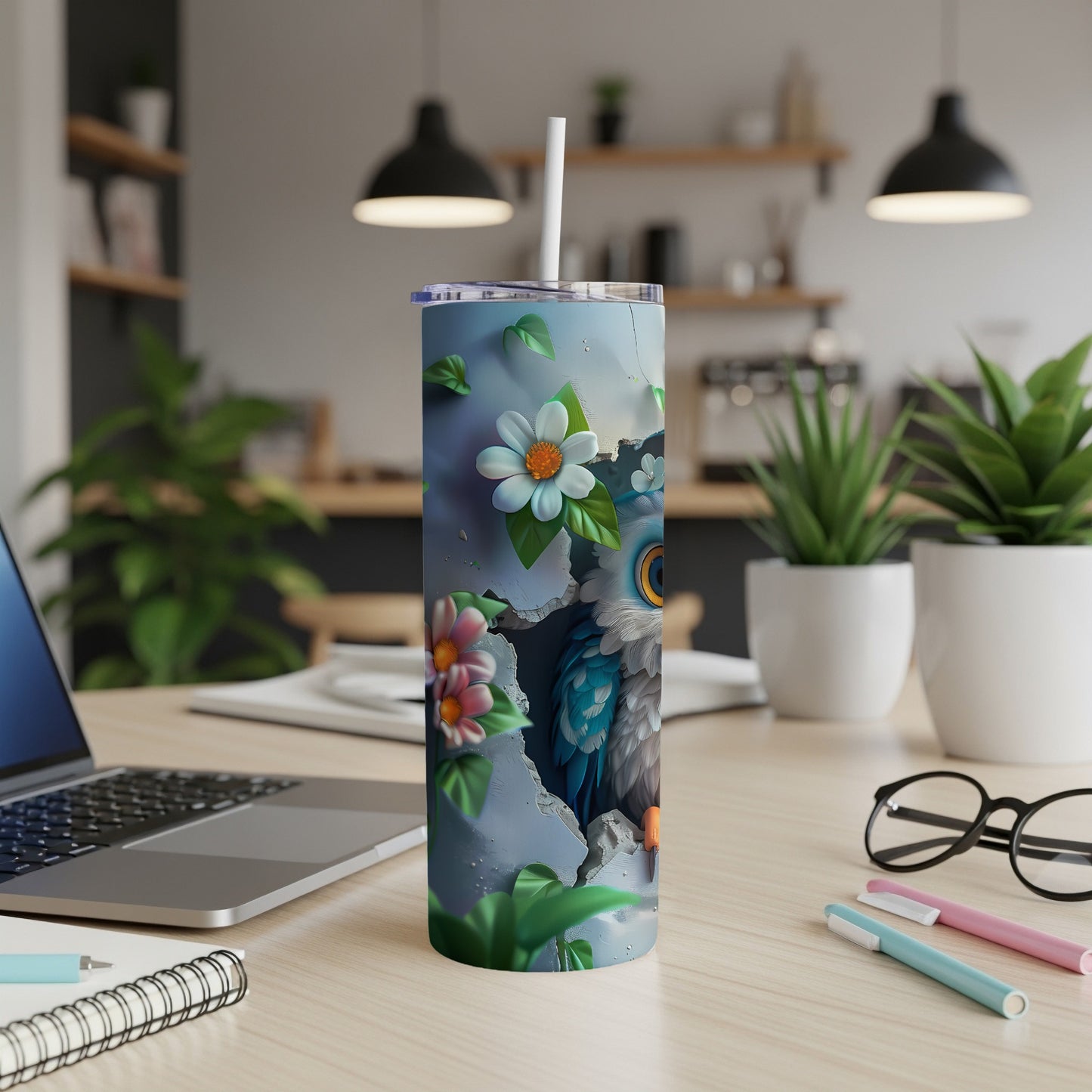 Blue and white owl with flowers on a blue cracked background tumbler.