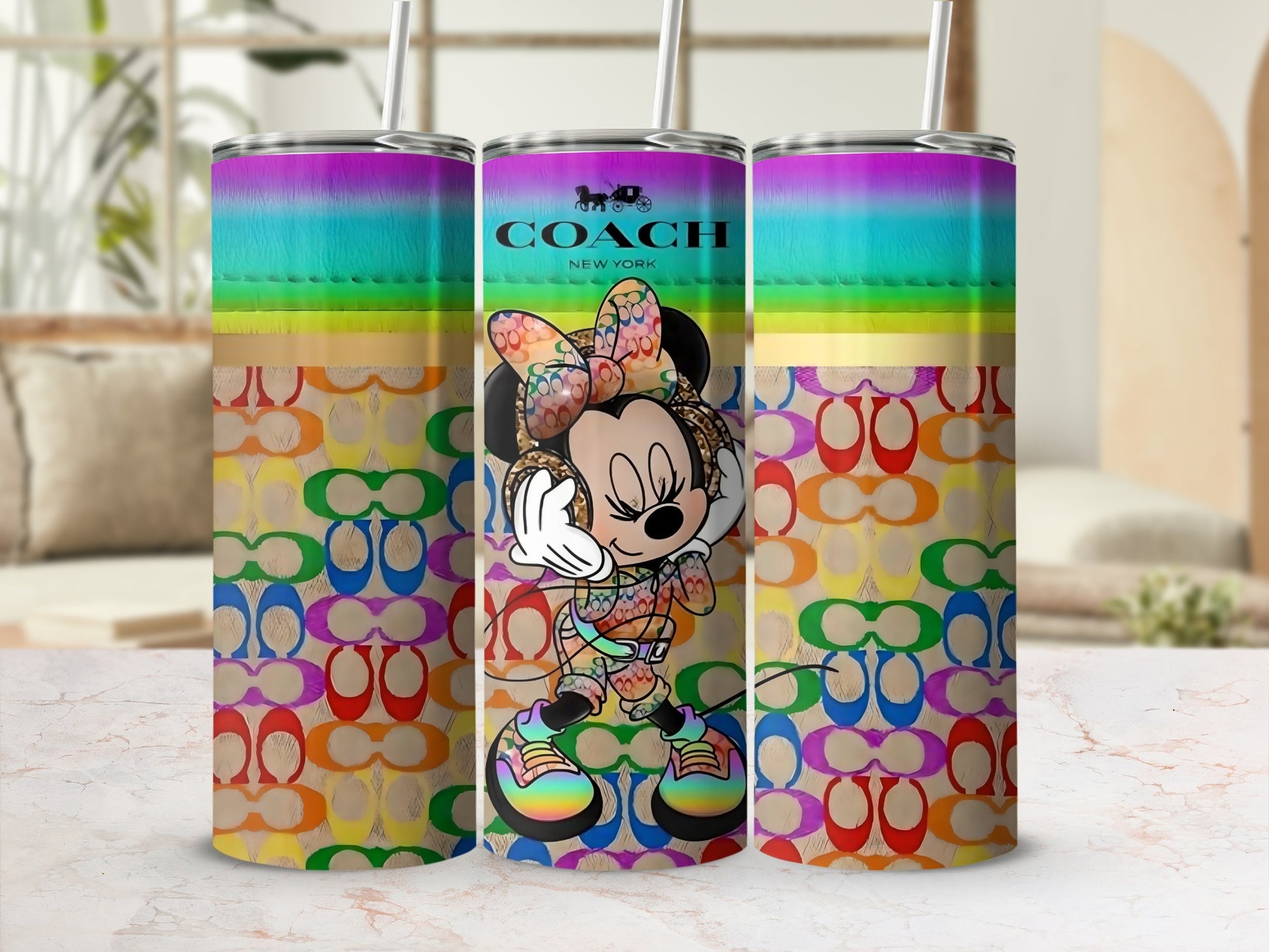 Colorful Minnie Mouse and Rainbow Theme Cup