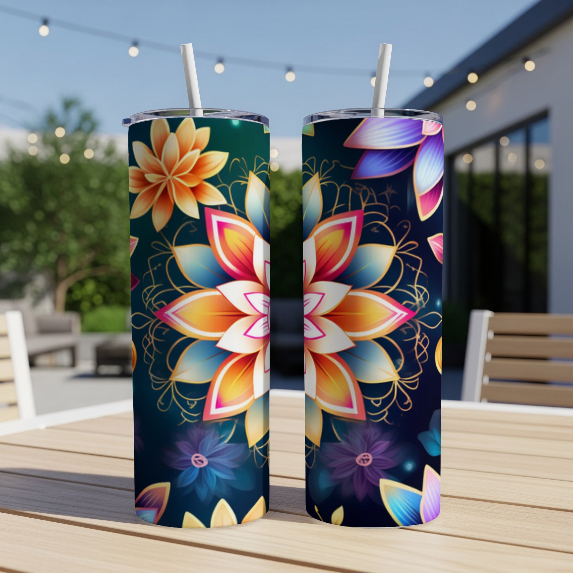 Two tumblers with floral mandala designs on a wooden table outdoors.