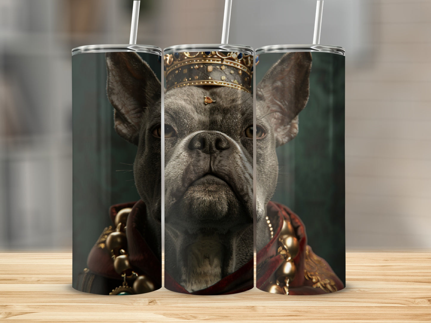 French bulldog wearing a crown and regal cloak.