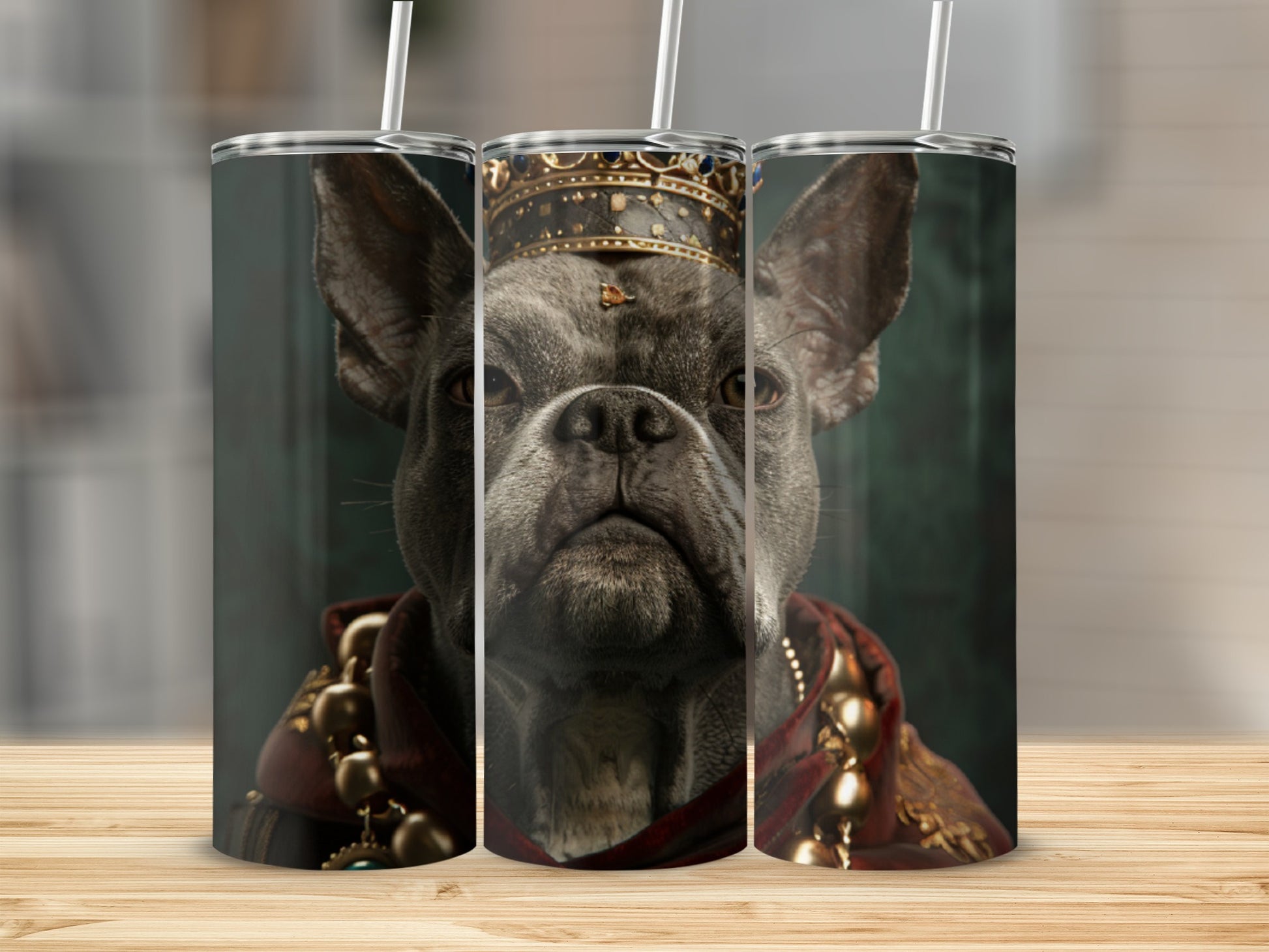 French bulldog wearing a crown and regal cloak.
