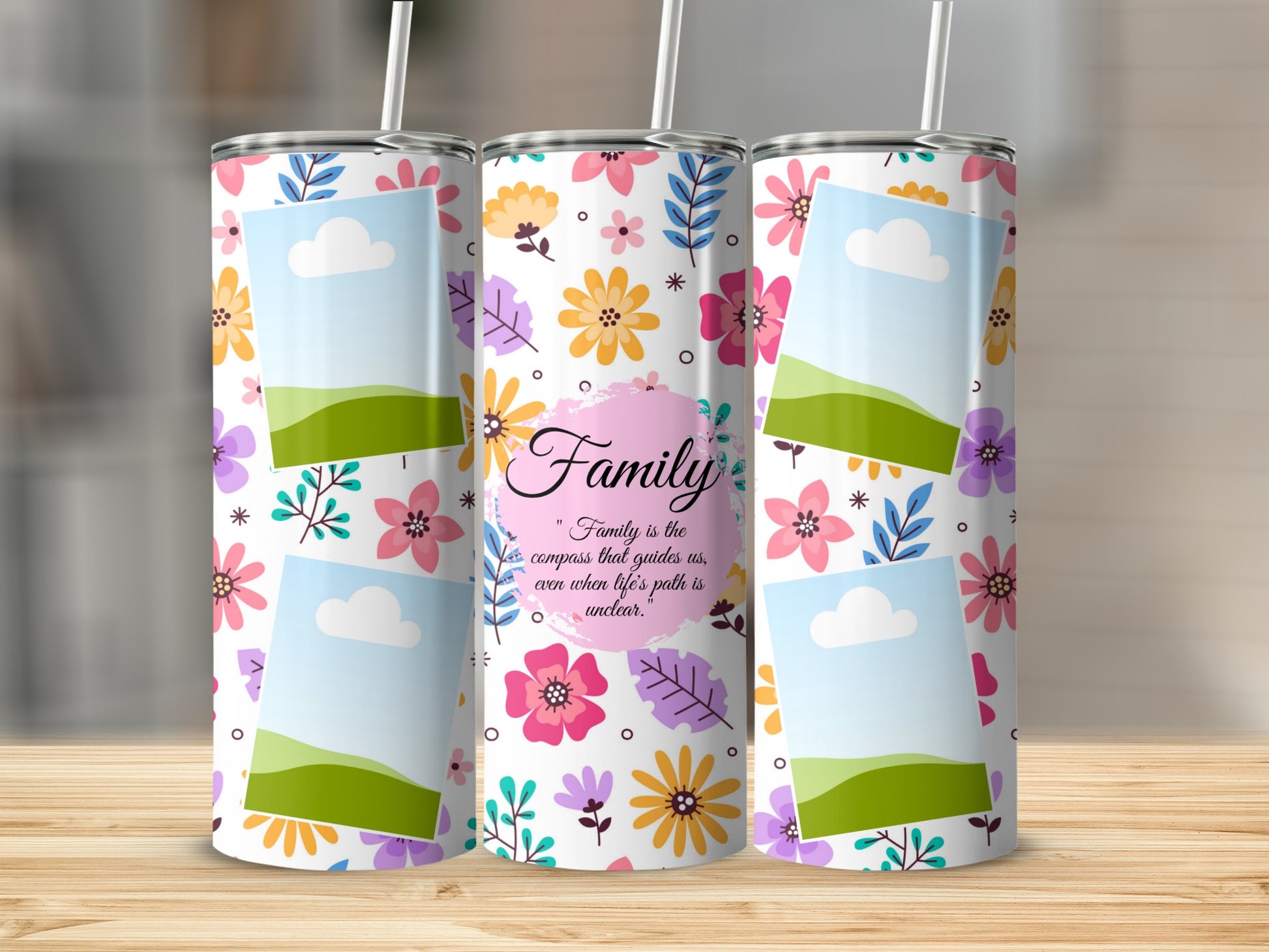 Three tumblers with floral print and placeholders for photos, one with "Family" quote.