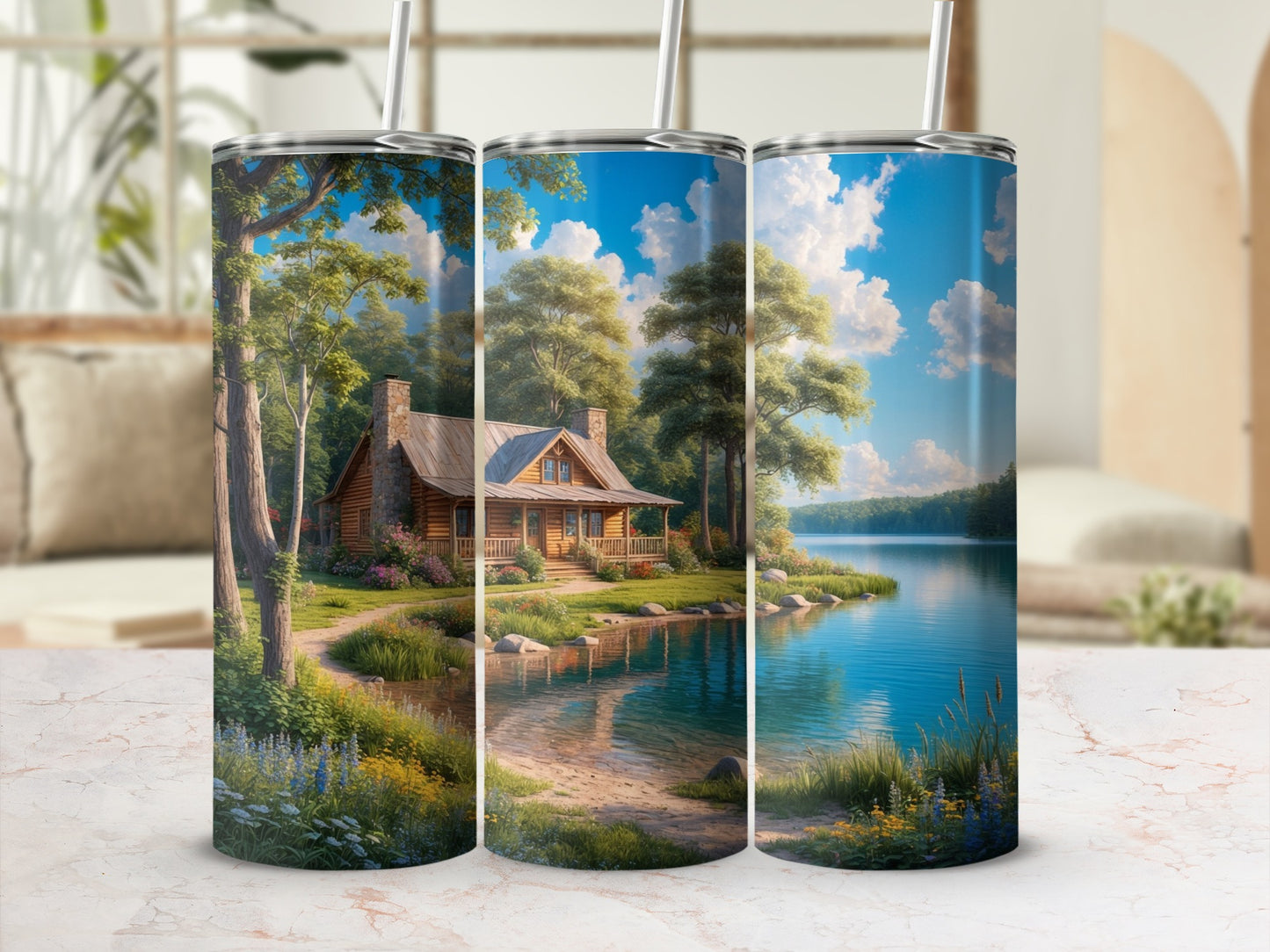Cabin by lake with trees and flowers.