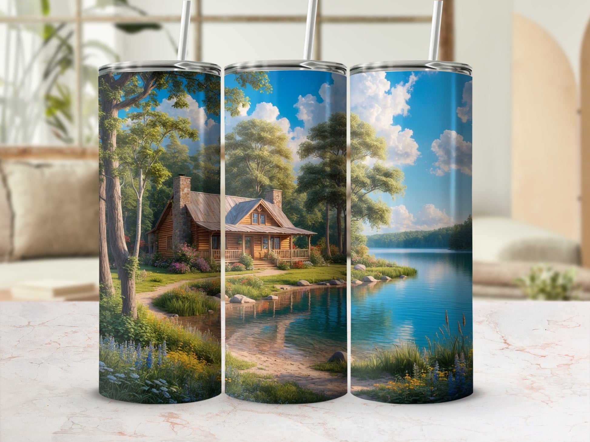 Cabin by lake with trees and flowers.