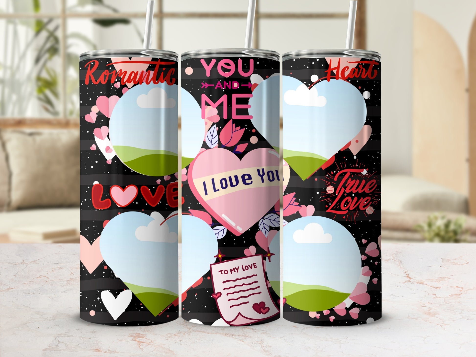 Three tumblers with "Romantic," "You and Me," and "True Love" designs, hearts, and photo placeholders.
