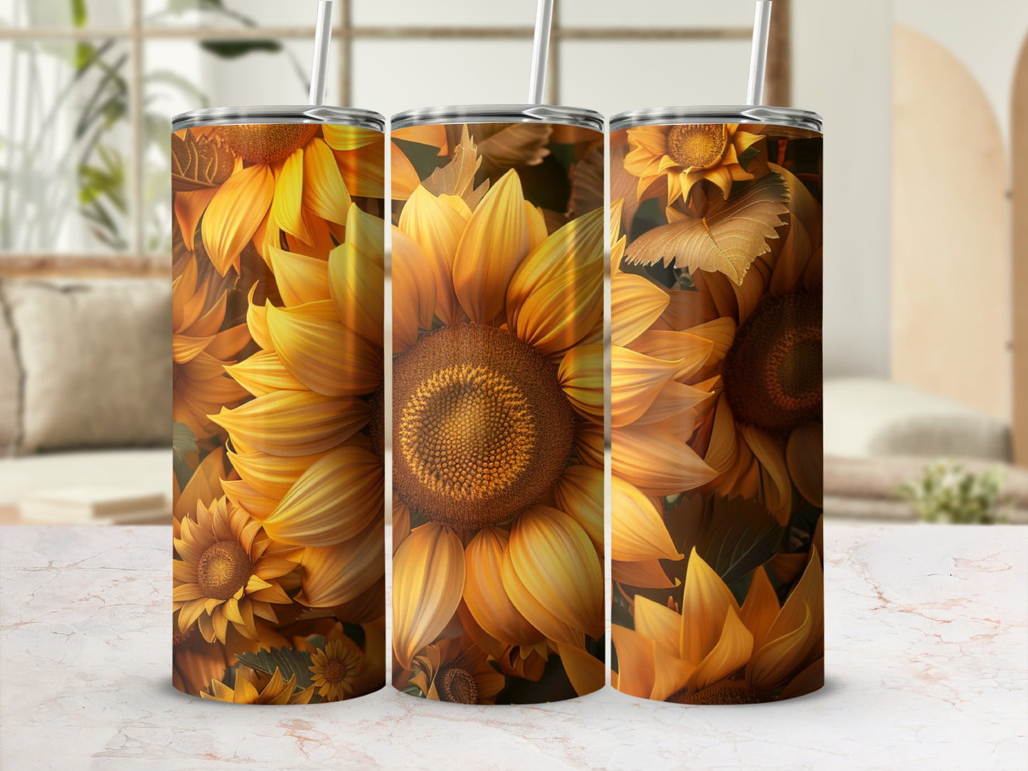 Three tumblers with a close-up sunflower pattern.