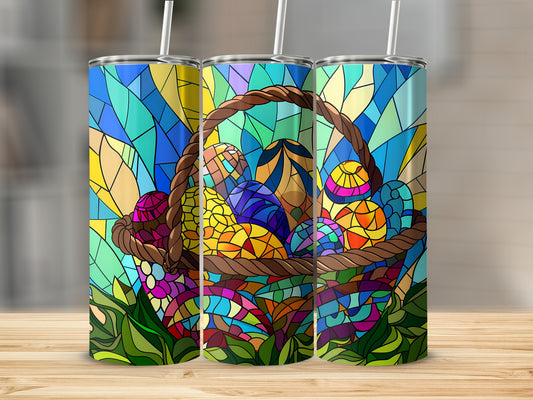 Stained glass Easter basket with colorful eggs on green grass.