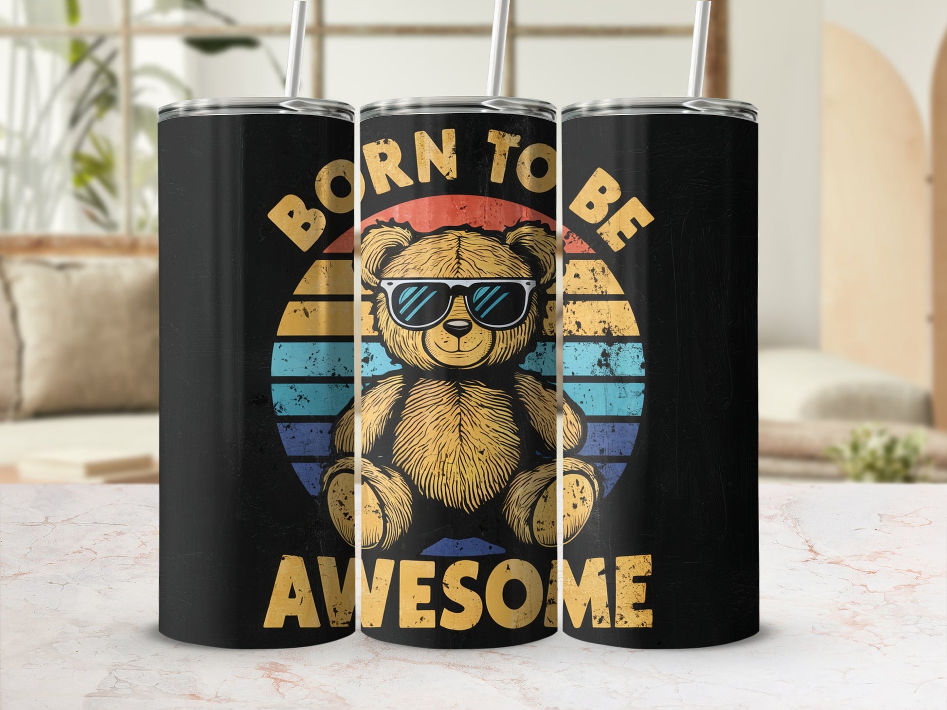Black tumbler with teddy bear wearing sunglasses and "Born to Be Awesome" text.