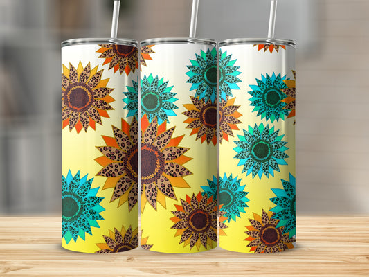 Three tumblers with sunflowers and leopard print designs on a yellow gradient background.