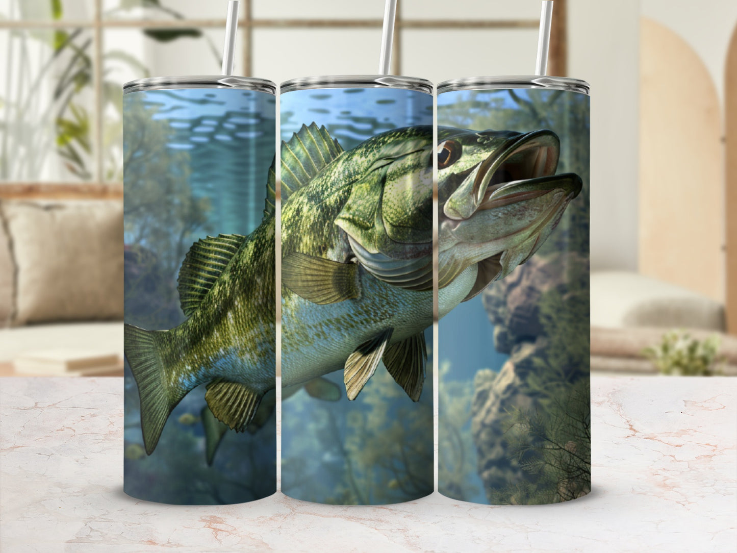 Largemouth bass fish design on a set of three tumblers.