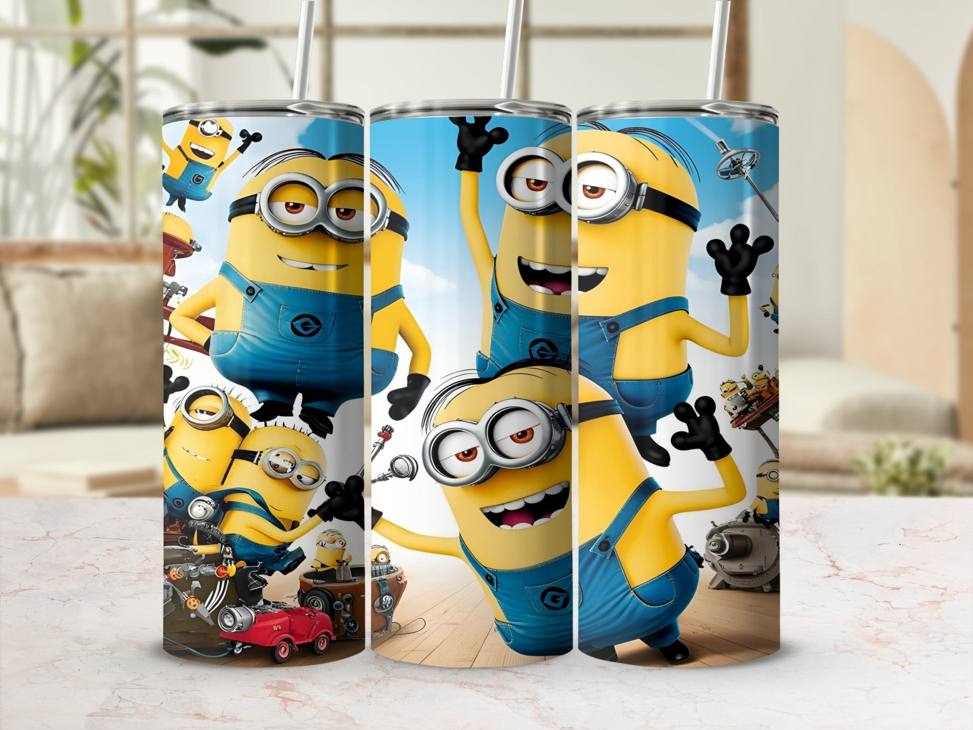 Three minion characters in blue overalls on a tumbler design.