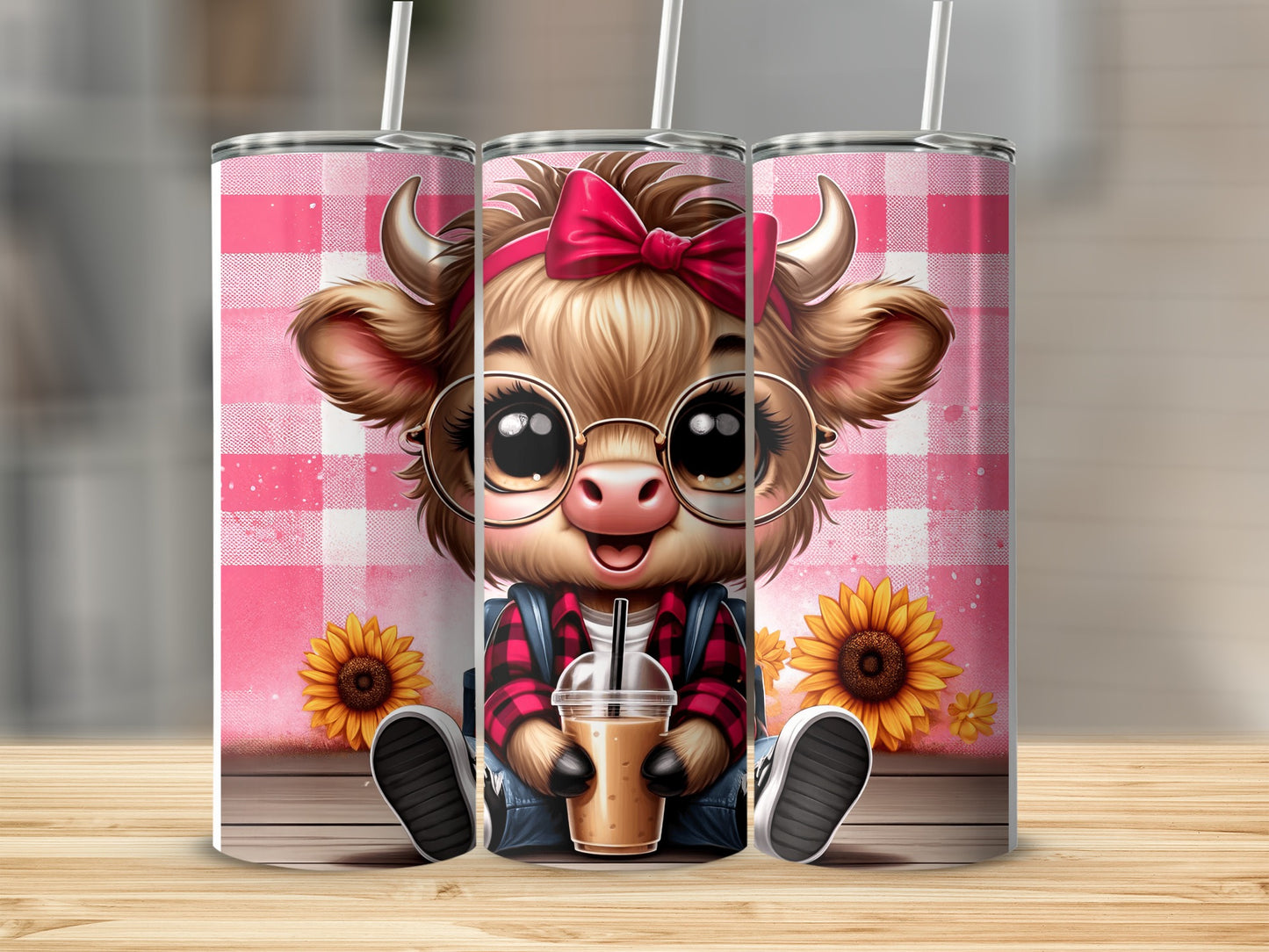 Cute cartoon cow with glasses and bow holding a drink.