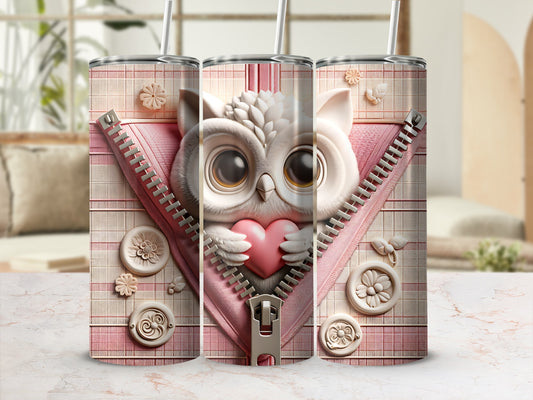 Pink zippered tumbler featuring a cute owl holding a heart.
