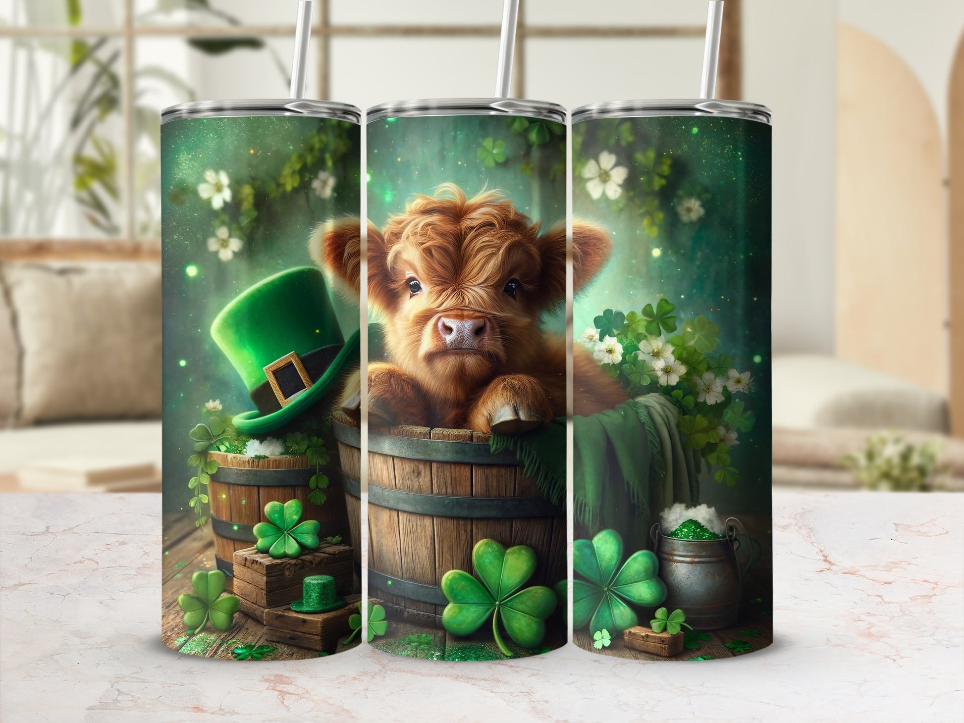 Cow in barrel with St. Patrick's Day decorations.