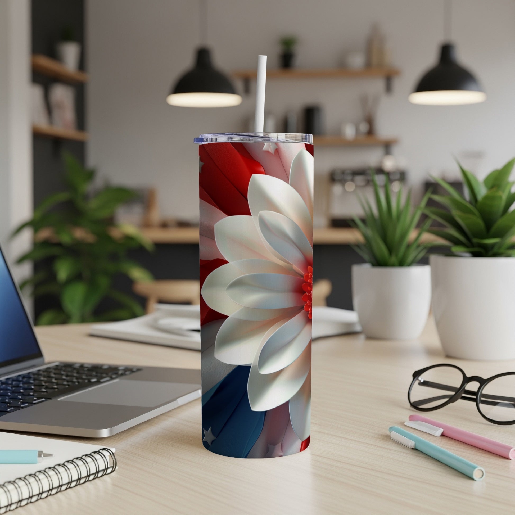 Floral tumbler with patriotic USA flag design.