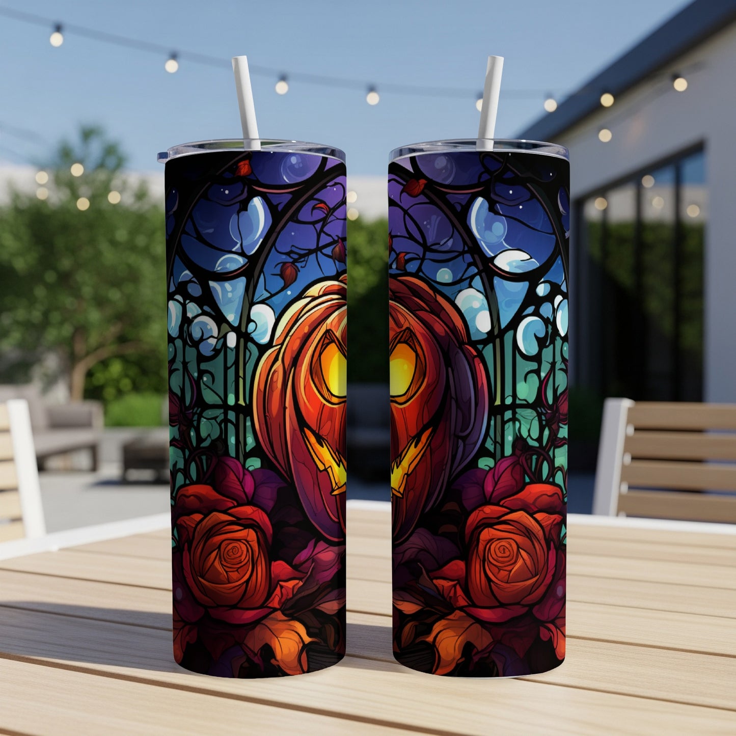 Two tumblers with Halloween pumpkin and rose stained glass design.