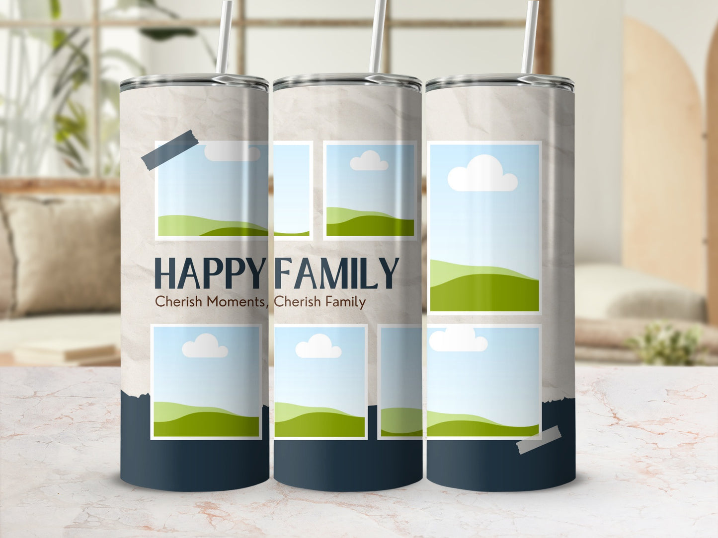 Tumblers with "HAPPY FAMILY" text and multiple photo frames, featuring landscape placeholders.