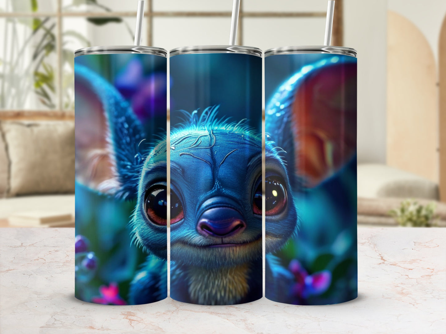 Stitch character on a blue tumbler with floral accents.