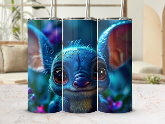 Stitch character on a blue tumbler with floral accents.