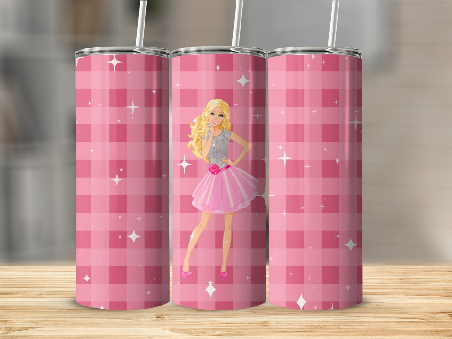 Cute Pink Plaid Tumbler with Doll Illustration Tumbler