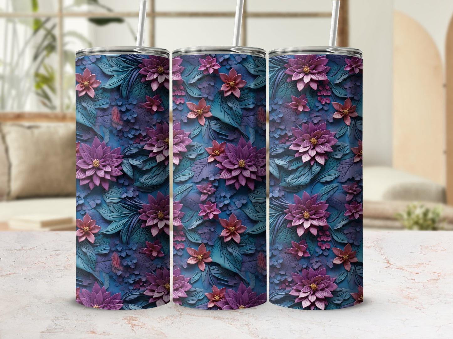 Purple and Blue Floral Pattern Insulated Tumbler