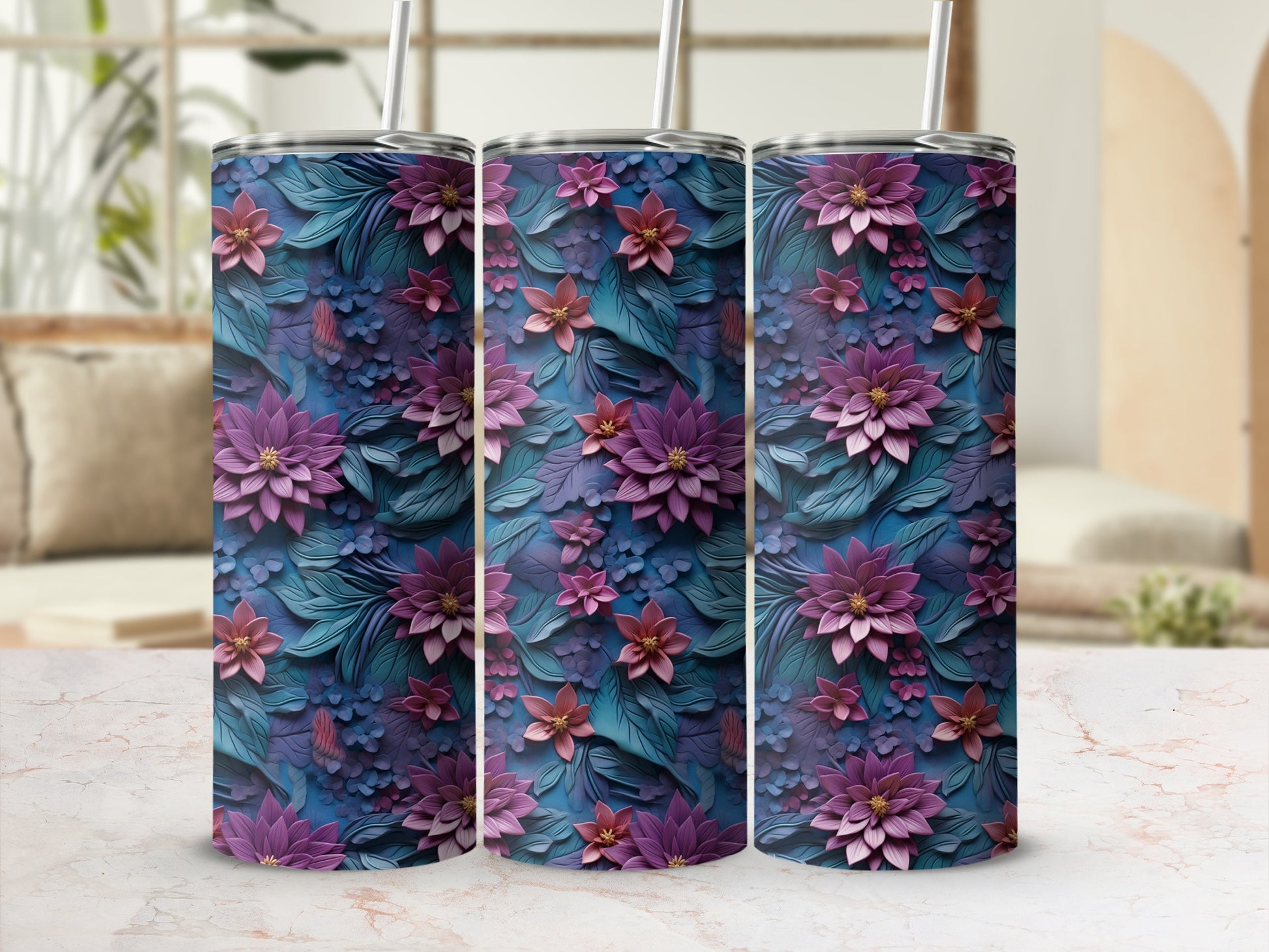 Purple and Blue Floral Pattern Insulated Tumbler