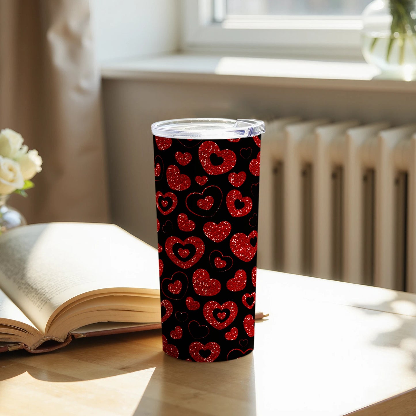Glitter Red Hearts Patterned Insulated Travel Tumbler