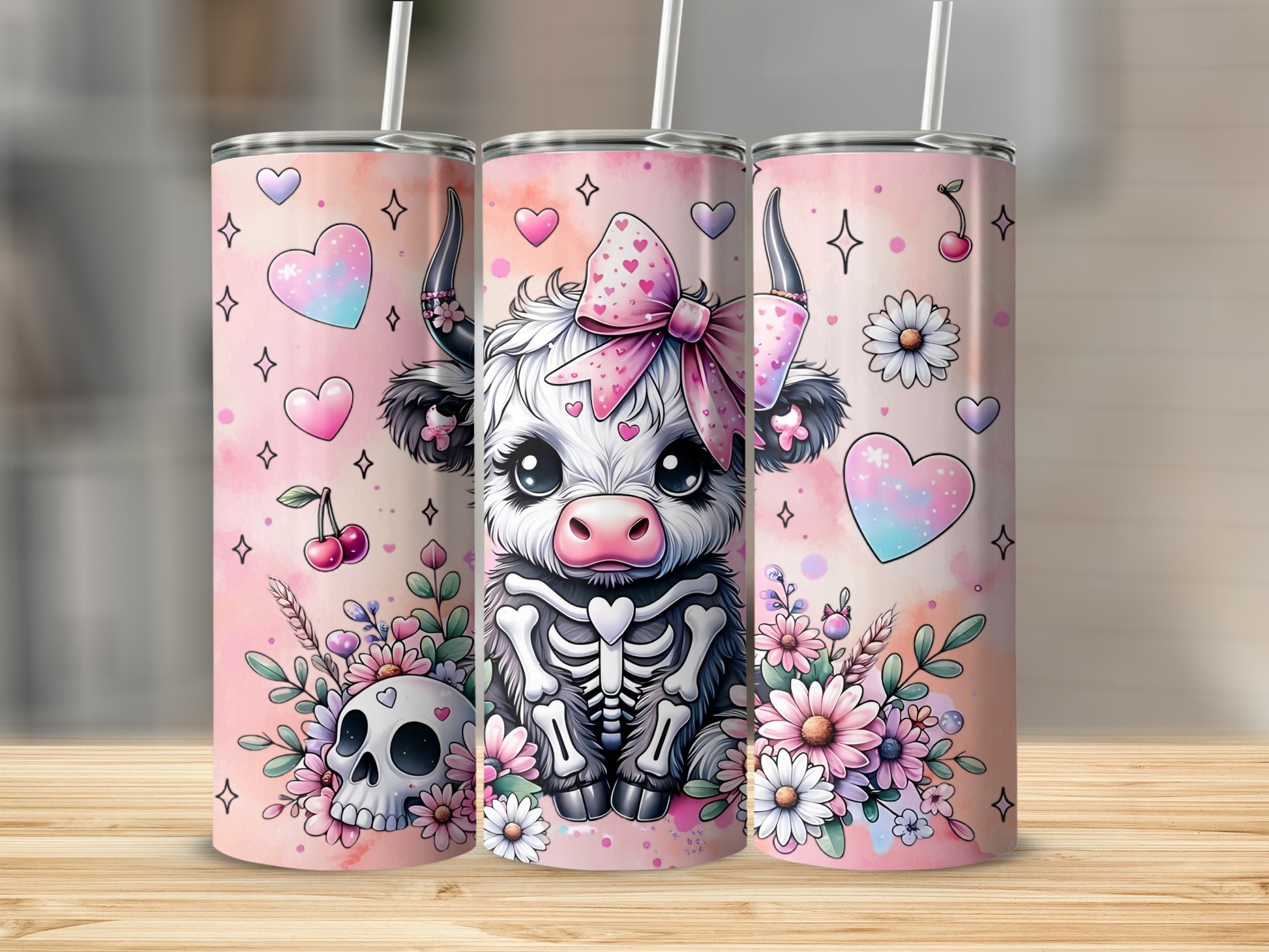 Cute Skeleton Cow Flower Hearts Skinny Tumbler Cup Product