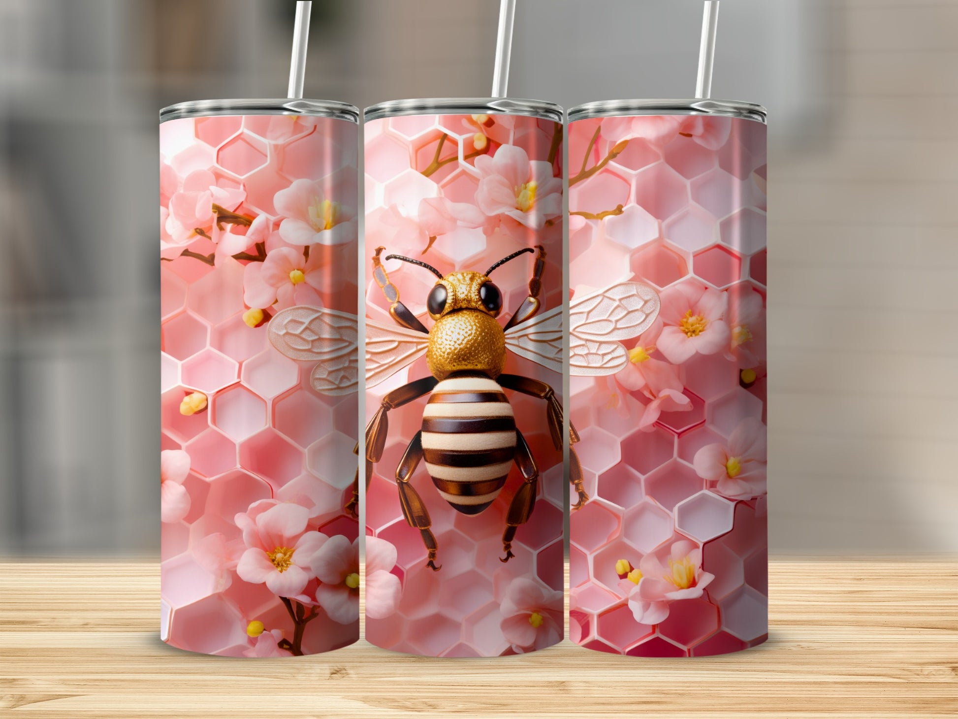 Golden Bee Pink Blossom Honeycomb Pattern Tumbler product type