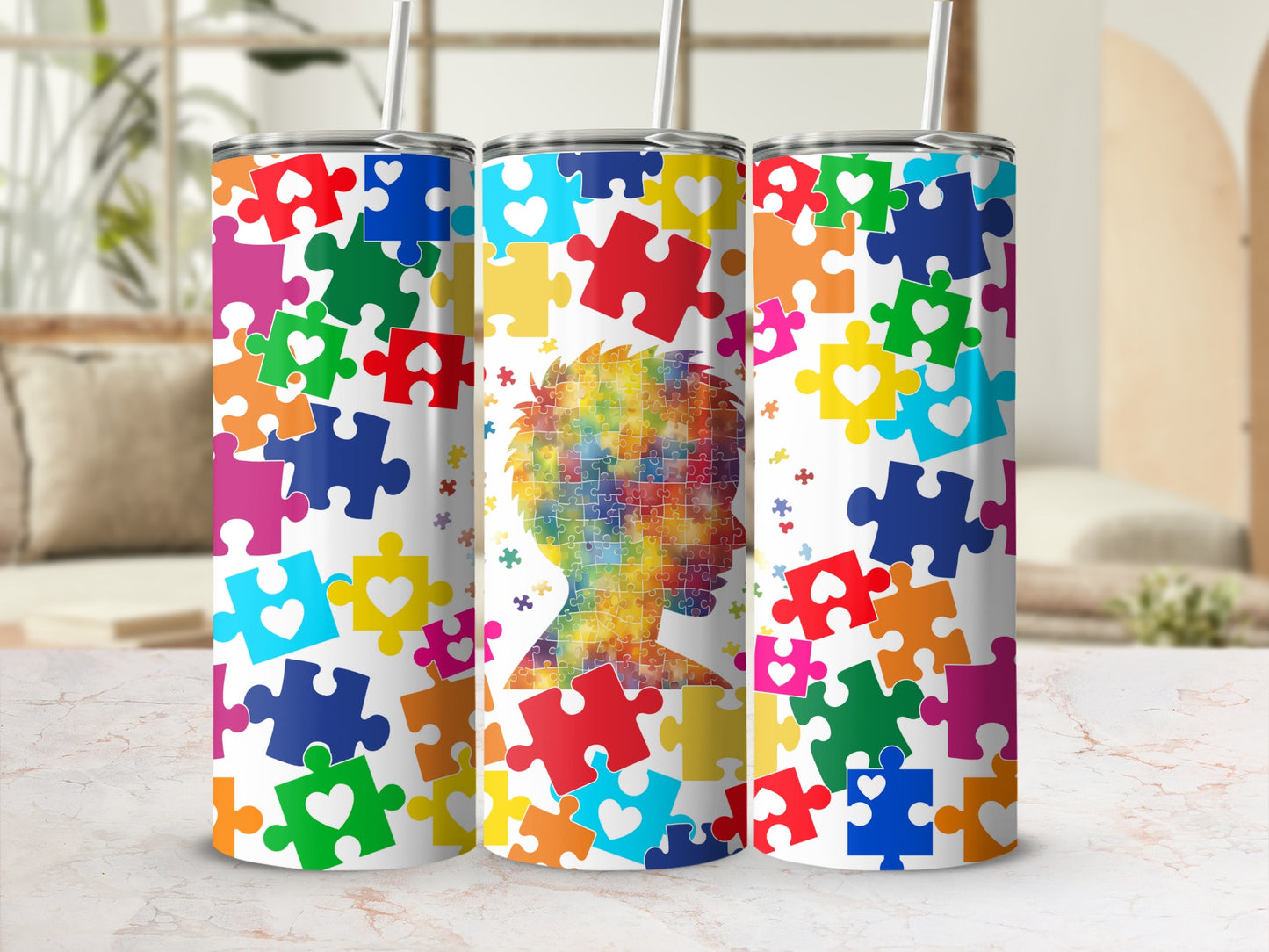 Colorful puzzle piece pattern wraps around a child's silhouette.